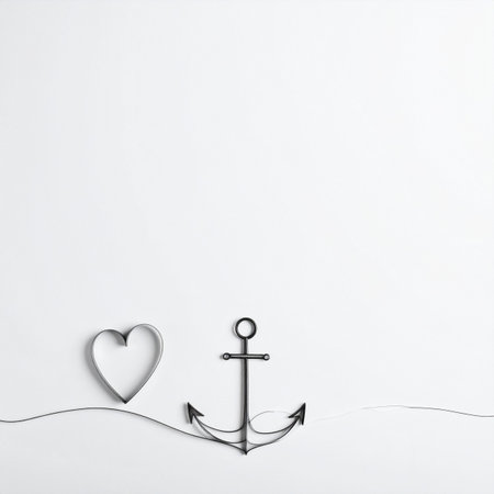 A minimalist composition featuring a heart shape and an anchor connected by a single line on a clean white background.の素材