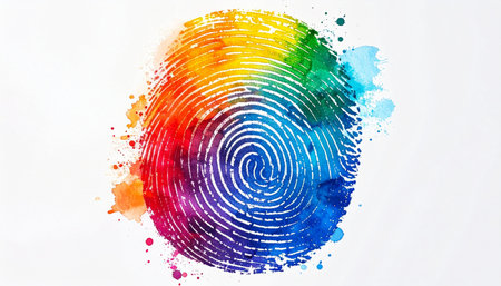 A vibrant splash of rainbow watercolor forms a unique fingerprint, symbolizing the intersection of human identity, creativity, and diversity.の素材