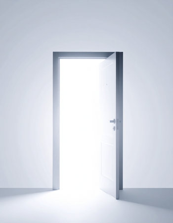 An open door in a clean, white room reveals a brilliant, inviting light, symbolizing a gateway to new opportunities, hope, and a bright future.の素材