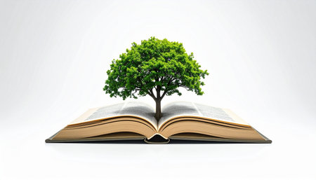 A vibrant green tree emerges from the pages of an open book, symbolizing the powerful connection between knowledge, growth, and new beginnings.の素材