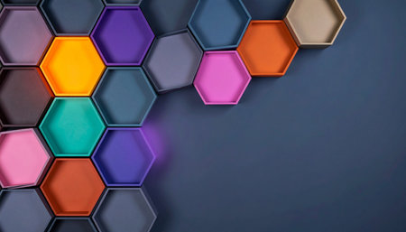 A vibrant array of colorful hexagons fits together in a honeycomb pattern against a dark, textured background.の素材