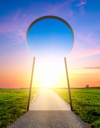 A path leads through a vast green field towards a giant keyhole, revealing a gateway to a brighter, sunlit day.の素材