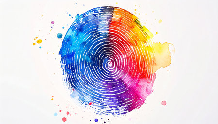 A vibrant splash of watercolor paints forms a unique fingerprint, symbolizing the intersection of human identity and creative expression.の素材