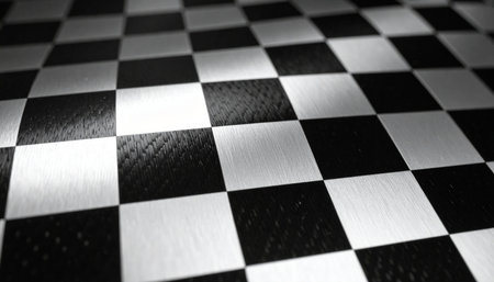 A classic black and white checkerboard pattern stretches into the distance, its clean lines and sharp contrast creating a sense of order and strategy.の素材