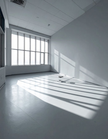 Morning sunlight streams through a large window, casting long, graphic shadows across the floor of an empty, minimalist room.の素材