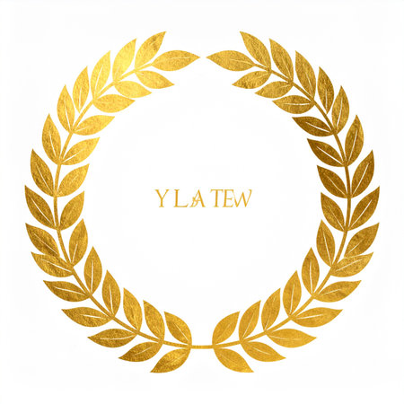 A beautifully rendered golden laurel wreath, isolated on a white background. Its textured, hand-drawn style evokes a sense of timeless honor and prestigious achievement.の素材
