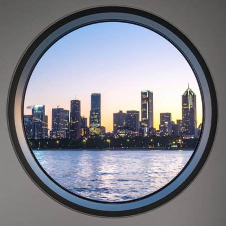 From a unique circular viewpoint, the modern city skyline comes alive at twilight.の素材