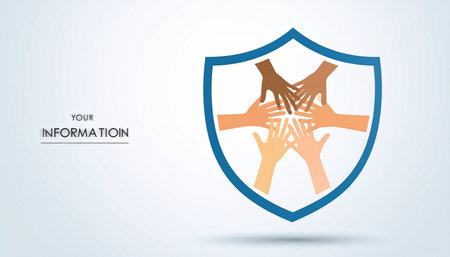 A powerful symbol of unity and safety, where diverse hands from various backgrounds join together within a protective shield.の素材