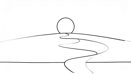 A single, unbroken line sketches a serene landscape, where a winding path leads the eye toward a distant sun on the horizon.の素材