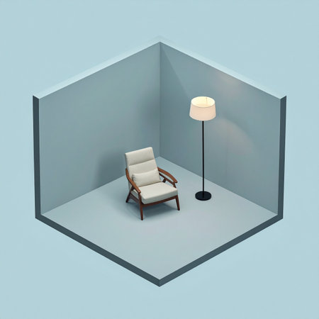 An isometric view into a conceptual space representing solitude, waiting, or a moment of calm.の素材