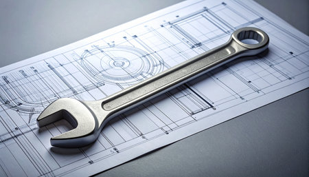 A chrome wrench rests on a detailed engineering blueprint, symbolizing the crucial link between precise planning and skilled execution.の素材