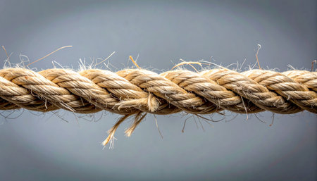 A detailed macro view of a thick, natural fiber rope stretched taut.の素材