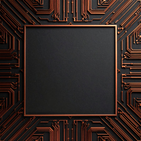 At the heart of a complex digital network, a powerful processor serves as the central brain.の素材