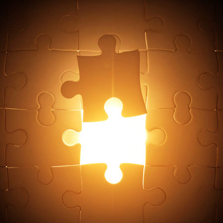 The final piece of the jigsaw puzzle hovers over the last remaining space, a brilliant light shining through the gap.の素材