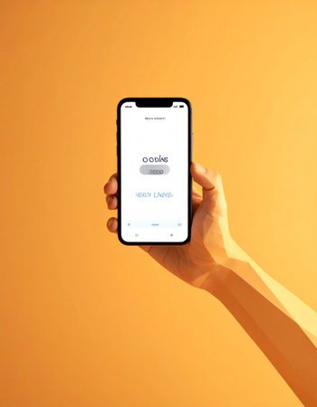 A person holds a smartphone, displaying a security code on its screen against a warm, minimalist orange background.の素材