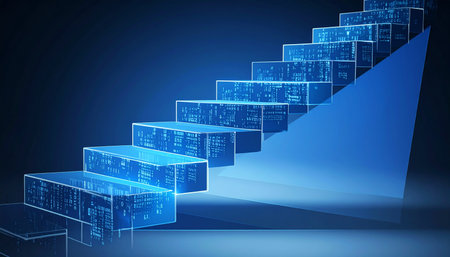 Ascend the glowing blue steps of digital innovation. Each step represents a milestone in career growth and technological advancement, leading towards a future of success and achievement.の素材