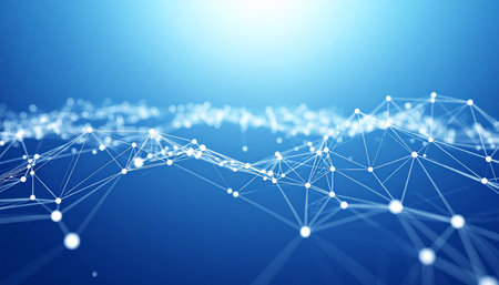 A luminous digital landscape of interconnected nodes and lines flows across a deep blue space.の素材