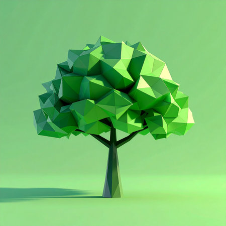 A single tree rendered in a modern low-poly style stands against a solid green background.の素材