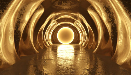 A journey down a shimmering golden corridor, where organic, flowing walls guide the way towards a mysterious, luminous sphere.の素材