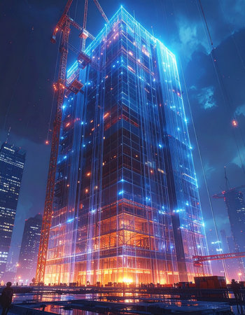 In the heart of a bustling digital metropolis, a new skyscraper reaches for the night sky, its frame aglow with the vibrant energy of progress.の素材