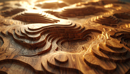 Warm, golden sunlight spills across the intricate layers of a carved wooden landscape.の素材