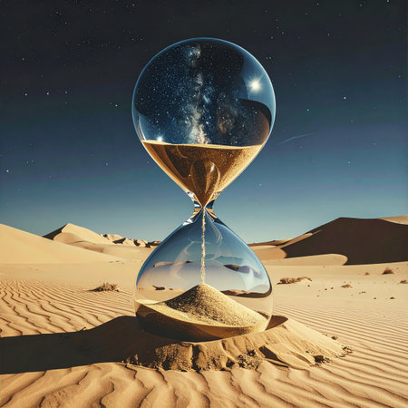 In the heart of a timeless desert, a surreal hourglass stands as a monument to the cosmos.の素材
