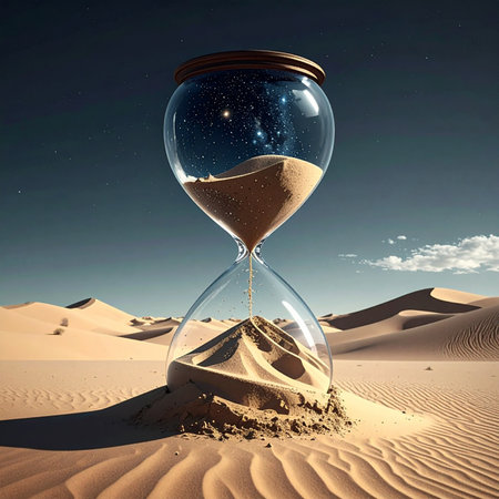 In a vast, silent desert, a monumental hourglass measures the passage of cosmic time.の素材