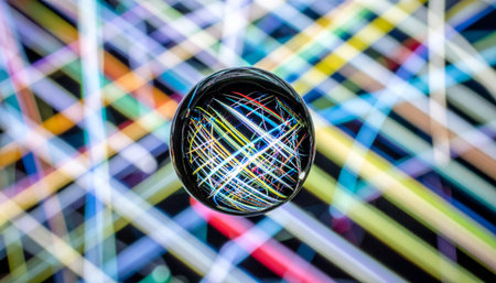 A crystal orb captures and refracts a chaotic symphony of vibrant light trails, creating a mesmerizing focal point.の素材