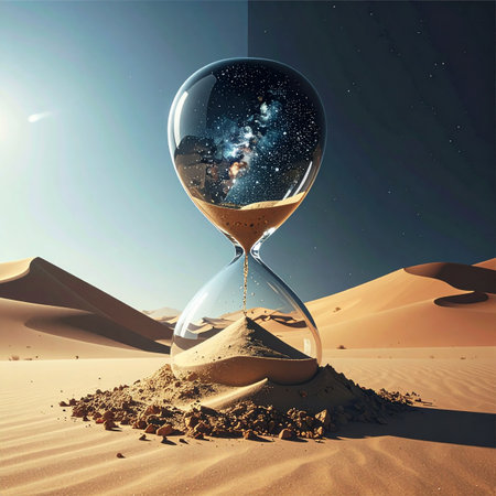 In a timeless desert, a surreal hourglass marks the passage of cosmic time.の素材
