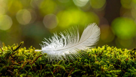 A tiny white feather, a lost whisper from a bird's wing, finds a soft landing on a bed of vibrant green moss.の素材