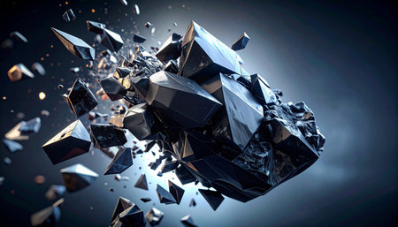A dark, crystalline object explodes with immense force, shattering into countless fragments against a moody, atmospheric background.の素材