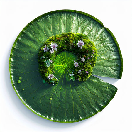 A delicate wreath of fresh green moss and tiny blossoms rests upon a large, vibrant leaf, creating a natural mandala.の素材