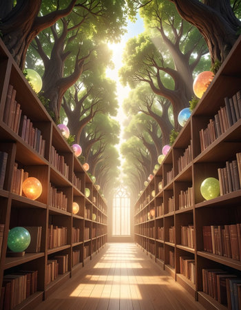 Sunlight streams through a canopy of ancient trees that form the ceiling of a magical library.の素材