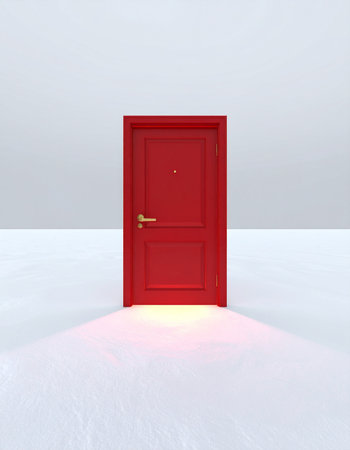 In a stark, minimalist white space, a single red door stands closed.の素材