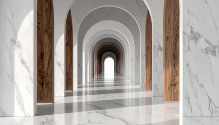 Sunlight streams through a grand, repeating series of arches in this elegant marble and wood corridor.の素材