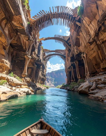 A first-person view from a wooden boat gliding on a turquoise river through a colossal, forgotten canyon.の素材