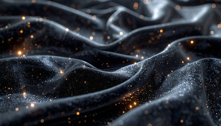 A close-up view of a luxurious, dark fabric, like deep space velvet, flowing in gentle waves.の素材