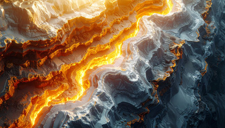 A dramatic and powerful abstract scene where molten gold and fiery light collide with the dark, turbulent depths of a stormy sea.の素材