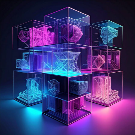 A complex structure of interconnected glass cubes glows with vibrant neon light, each containing a unique geometric form.の素材