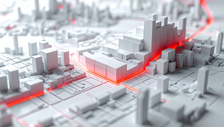 A glowing red line of data flows through a minimalist, abstract city model, highlighting a critical path for growth and innovation.の素材