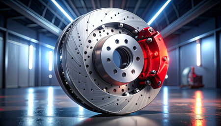 In a futuristic workshop bathed in cool, neon light, a high-performance brake disc with a vibrant red caliper stands as a testament to automotive engineering.の素材