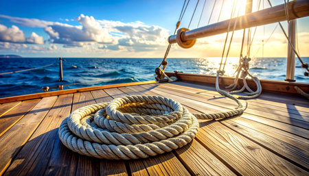 As the sun dips towards the horizon, casting a warm golden glow, the wooden deck of the sailboat offers a front-row seat to the serene beauty of the open ocean.の素材