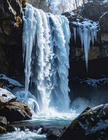 In the heart of a quiet winter forest, a powerful waterfall is captured in a moment of transformation.の素材