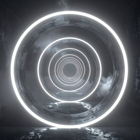 Step into an infinite corridor of glowing white rings, a futuristic portal leading to an unknown dimension.の素材