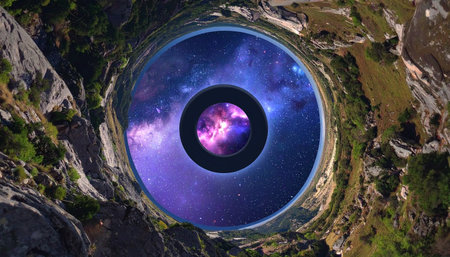 A surreal portal opens in the heart of a rugged landscape, offering a breathtaking glimpse into the vibrant depths of a distant galaxy.の素材