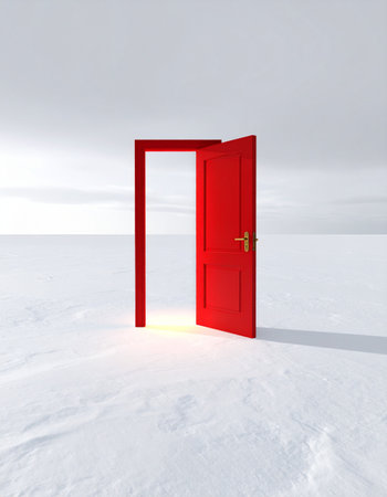 An open red door stands alone in a vast, minimalist white landscape, with a warm light spilling out from within.の素材