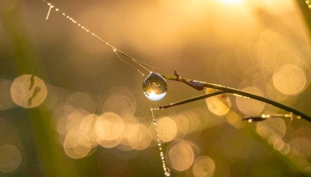 A single, perfect dewdrop clings to a delicate strand, capturing the first golden rays of the morning sun.の素材