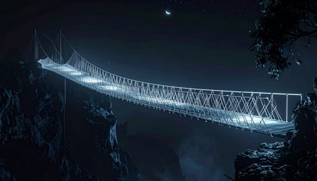 A brilliantly lit bridge cuts through the deep darkness of a rocky chasm, offering a safe and futuristic passage over an unseen abyss.の素材