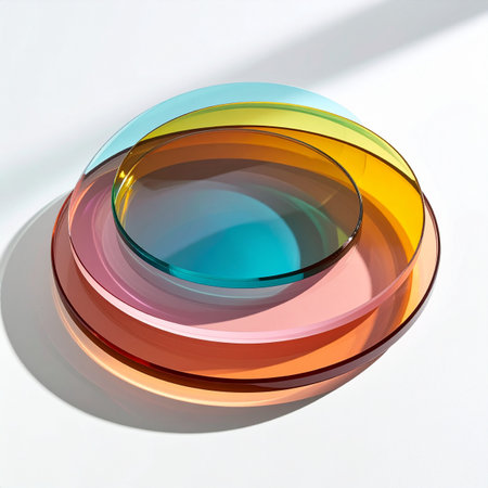 A minimalist arrangement of colorful, transparent glass plates creates a stunning visual effect. The overlapping circles produce a beautiful gradient of colors, cast in sharp, modern light.の素材