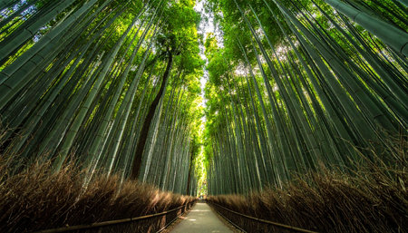 A tranquil path winds through the towering stalks of the Arashiyama bamboo grove in Kyoto, Japan.の素材